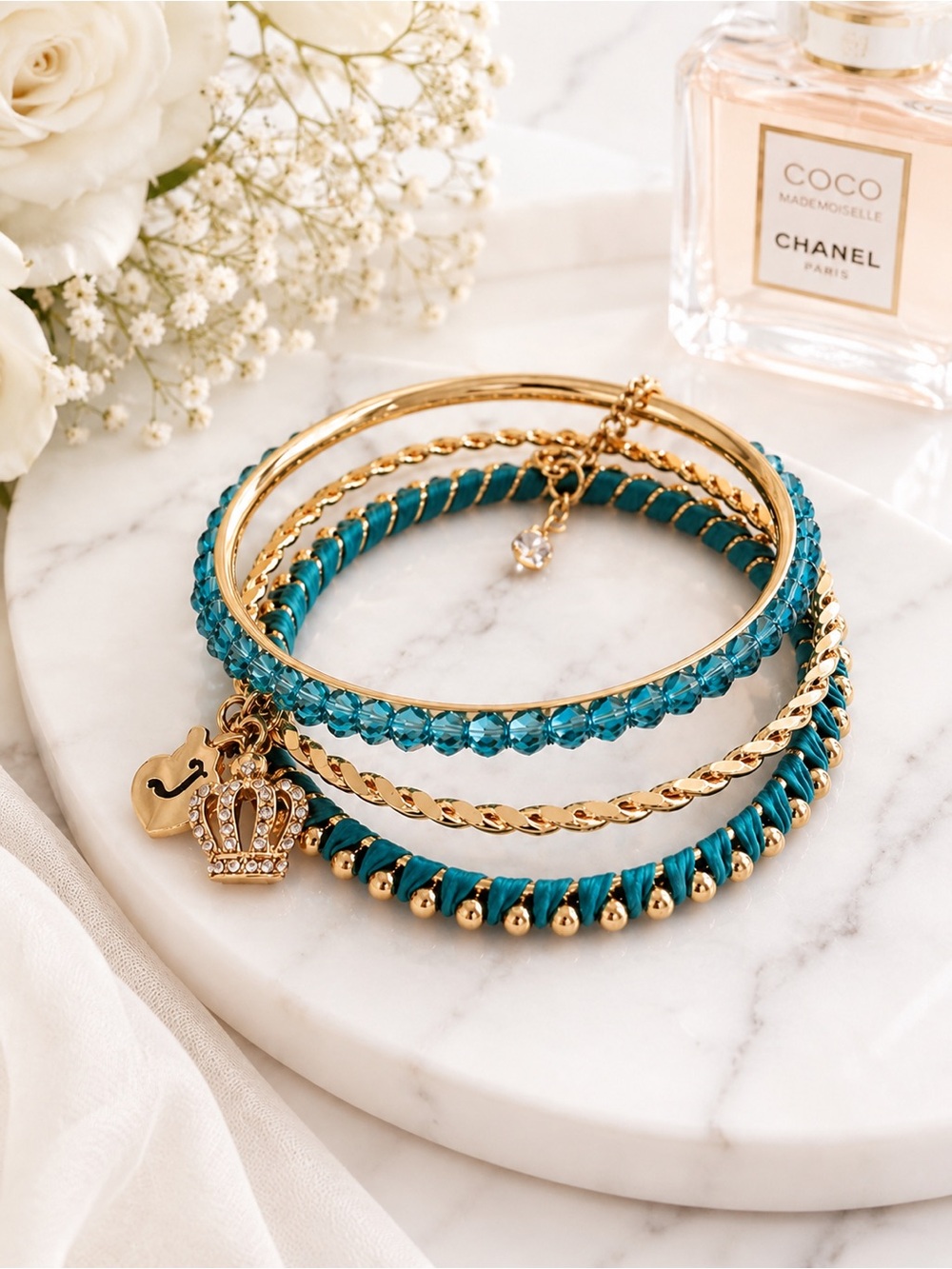 Juicy Couture Turquoise Crystal Charm Bracelet Set Gold Tone Bangles 3PC Set NWT